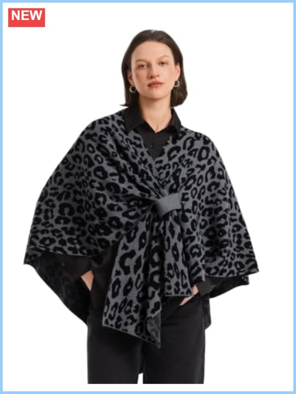 Leopard Knit Poncho Pull-Through Loop V-Neck Hi-Low Hem Wrap Shawl